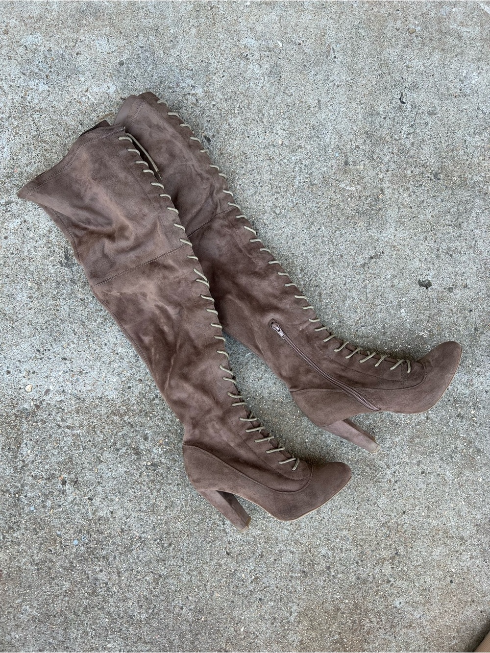 Taupe Faux Suede Full Lace-Up Thigh High Heeled Boots